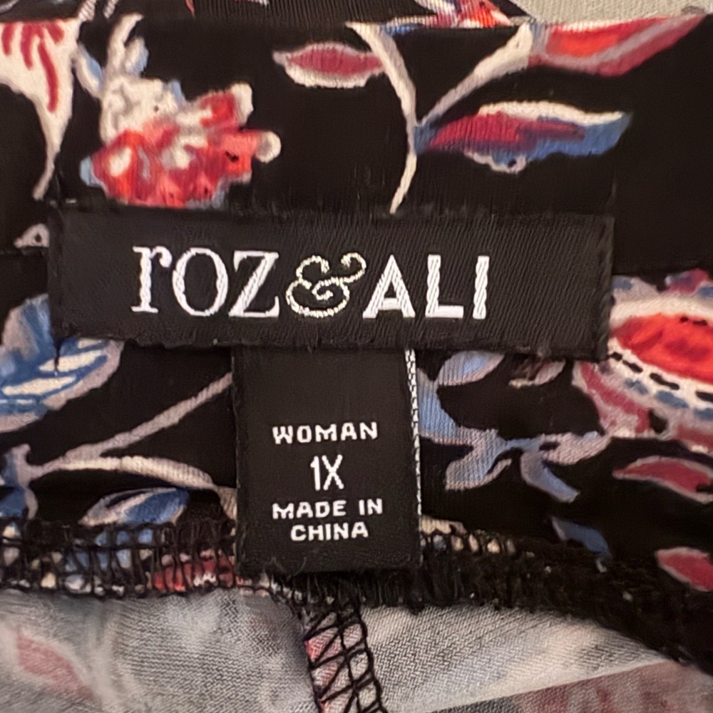 Roz & Ali Black Pants with Pink and Blue Floral Design - Picture 2 of 8